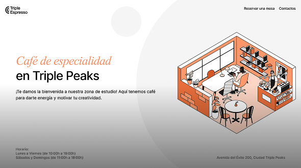 Landing page de la cafetería Triple Peaks en tonos naranja